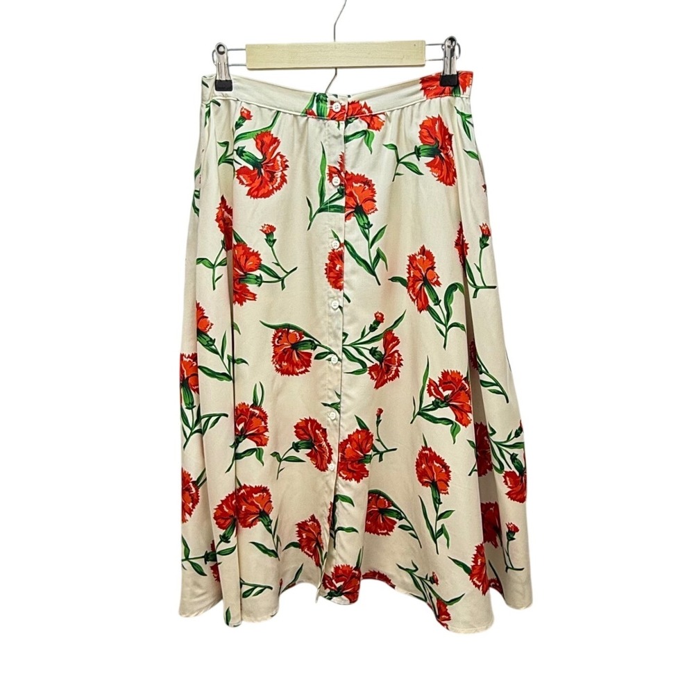 Vtg Adrienne Vittadini 100% Silk Floral Midi Skirt 8 Red Button Front Cottage